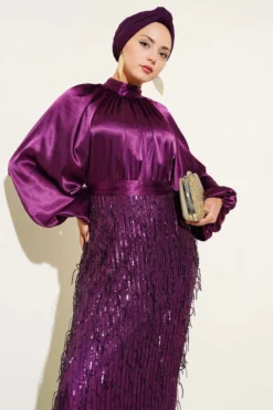 Belted Sequin Evening Dress Plum en gros dress view 2 - Hicabistan usine Turquie
