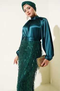 Belted Sequin Evening Dress Green en gros dress view 2 - Hicabistan usine Turquie