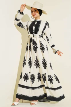 Belted Half Buttoned Patterned Viscose Dress Ecru