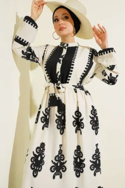 Alternative view of Belted Half Buttoned Patterned Viscose Dress Ecru