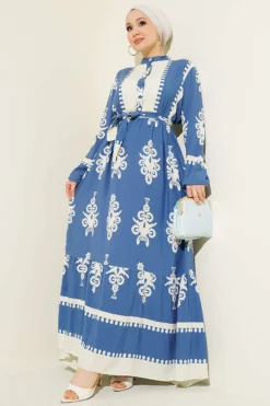 Belted Half Buttoned Patterned Viscose Dress Indigo