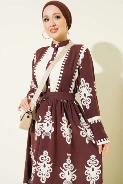 Alternative view of Belted Half Buttoned Patterned Viscose Dress Brown