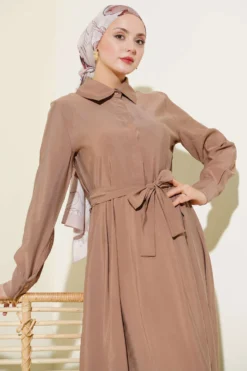 Belted Half Neck Buttoned Tencel Dress en gros dress view 2 - Hicabistan usine Turquie