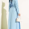 Belted Half Neck Buttoned Tencel Dress Blue all'ingrosso dress view 3 - Hicabistan fabbrica Turchia