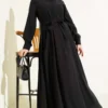 Belted Half Neck Buttoned Tencel Dress Black بالجملة dress view 2 - Hicabistan مصنع تركيا