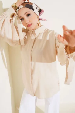 Balloon Sleeve Shirt with Eyelet Detail Beige