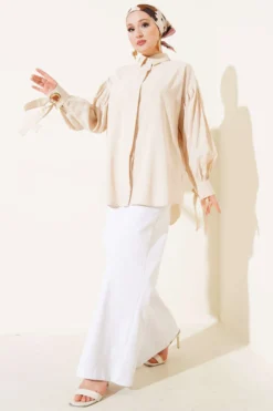 Alternative view of Balloon Sleeve Shirt with Eyelet Detail Beige