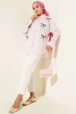 Alternative view of Striped Shirt with Ribbon Embroidery Pink
