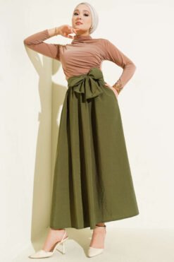 Belted Bell Skirt Khaki en gros skirt view 2 - Hicabistan usine Turquie