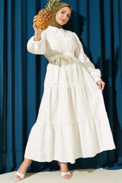 Belted Floral Embroidered Midi Dress White