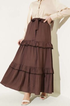 Belted Layered Flared Skirt Brown groothandel skirt - Hicabistan Turkije fabriek