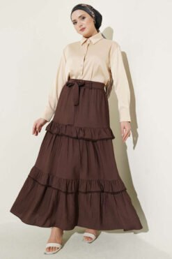 Belted Layered Flared Skirt Brown groothandel skirt view 2 - Hicabistan Turkije fabriek