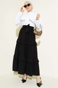 Belted Layered Flared Skirt Black wholesale skirt view 2 - Hicabistan Turkey factory