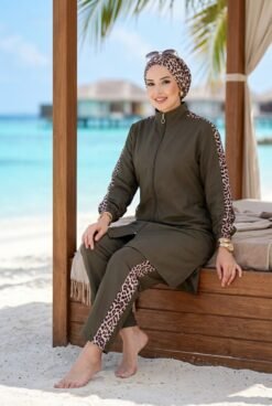 منظر بديل لـ Leopard Trimmed Zipped Modest Three-Piece Swimsuit Khaki