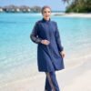 Leopard Trimmed Zipped Modest Three-Piece Swimsuit Navy Blue