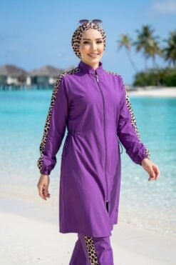 منظر بديل لـ Leopard Trimmed Zipped Modest Three-Piece Swimsuit Purple