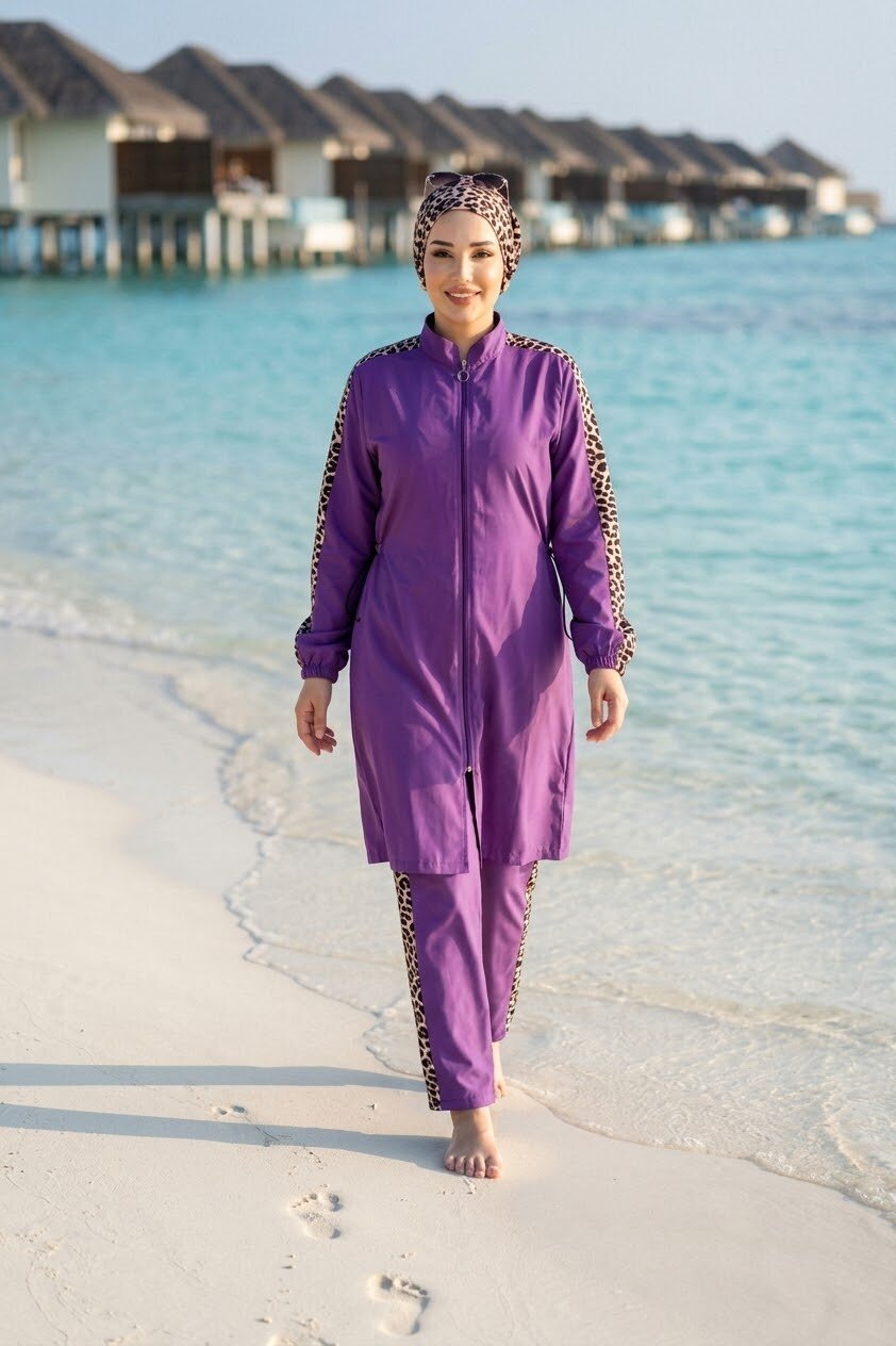 Leopard Trimmed Zipped Modest Three-Piece Swimsuit Purple groothandel burkini - Hicabistan Turkije fabriek