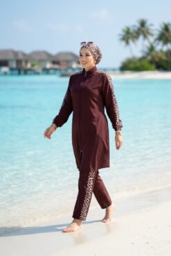 Leopard Trimmed Zipped Modest Three-Piece Swimsuit Plum