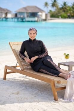 Leopard Trimmed Zipped Modest Three-Piece Swimsuit Black