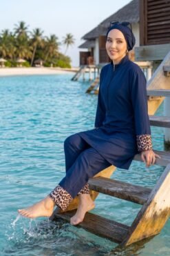 Animal Print Modest Three-Piece Swimsuit Navy Blue