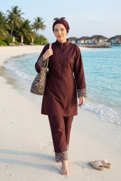 Animal Print Modest Three-Piece Swimsuit Plum