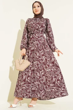 Lilyum Patterned Belted Dress Brown