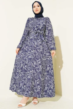Lilyum Patterned Belted Dress Navy Blue