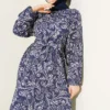 Lilyum Patterned Belted Dress Navy Blue all'ingrosso dress view 2 - Hicabistan fabbrica Turchia