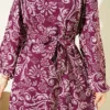 Lilyum Patterned Belted Dress Plum all'ingrosso dress view 4 - Hicabistan fabbrica Turchia