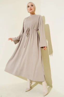 Loyşa Waist Tunnel Detail Dress Beige