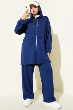 Loyşa Zip-Up Hooded Two-Piece Set Navy Blue