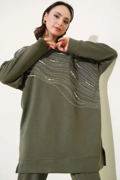 Alternative view of Loyşa Stone and Pearl Embellished Tunic Set Khaki
