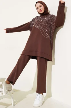 Loyşa Stone and Pearl Embellished Tunic Set Brown