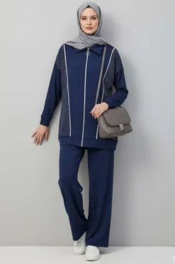 Loyşa Stone Embellished Zippered Two-Piece Set Navy Blue