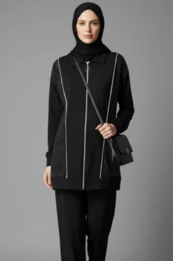 Loyşa Stone Embellished Zippered Two-Piece Set Black
