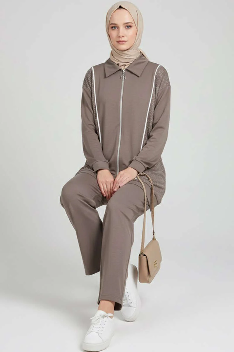 Loyşa Stone Embellished Zippered Two-Piece Set Mink