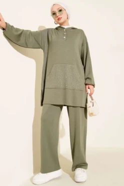 Stone-Embellished Kangaroo Pocket Two-Piece Set