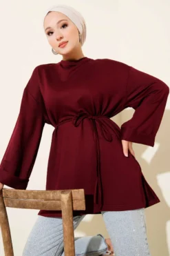 Side-Slit Belted Tunic Burgundy