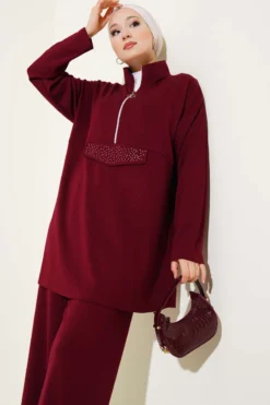 Alternative view of Loyşa Half-Zip Stone Detailed Two-Piece Set Burgundy