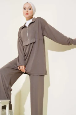 Loyşa Half-Zip Stone Detailed Two-Piece Set Mink