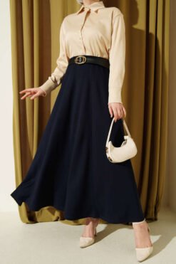 Loyşa Waist Elastic Belt Skirt Navy Blue wholesale skirt - Hicabistan Turkey factory
