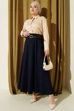 Loyşa Waist Elastic Belt Skirt Navy Blue wholesale skirt view 2 - Hicabistan Turkey factory