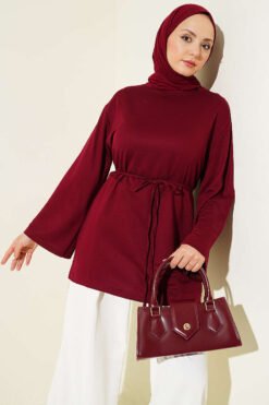 Wide Sleeve Tie Belt Tunic Burgundy