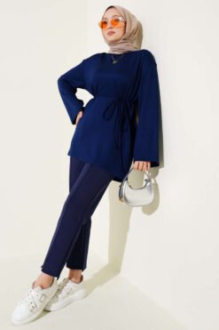 Wide Sleeve Tie Belt Tunic Navy Blue
