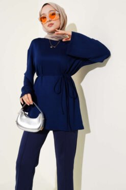 منظر بديل لـ Wide Sleeve Tie Belt Tunic Navy Blue