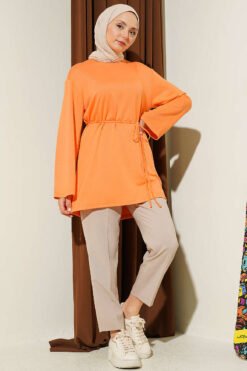 Vue alternative de Wide Sleeve Tie Belt Tunic Orange