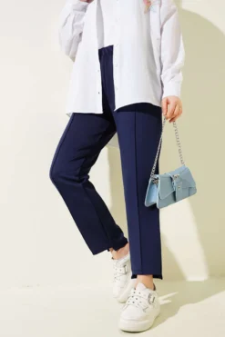 High-Waisted Slim Fit Scuba Pants Navy Blue