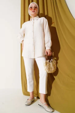 Alternative view of Cuffed Buttoned Crinkle Shirt Beige
