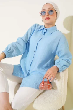 Cuffed Buttoned Crinkle Shirt Blue