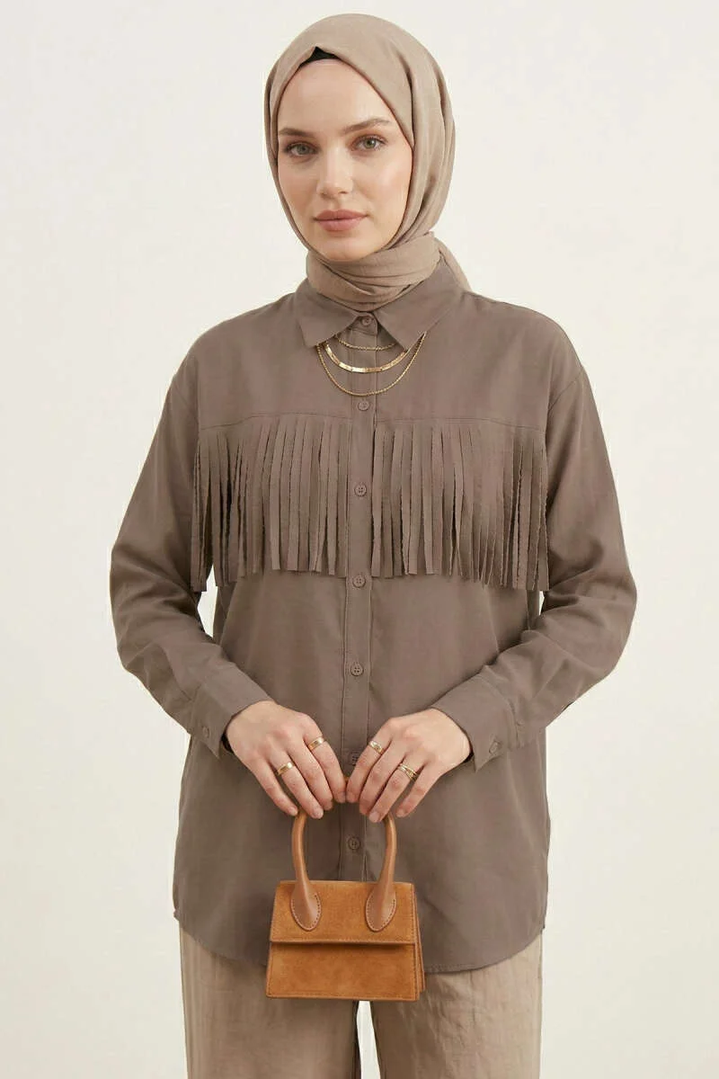 Cuffed Button Tassel Shirt Mink all'ingrosso shirt - Hicabistan fabbrica Turchia